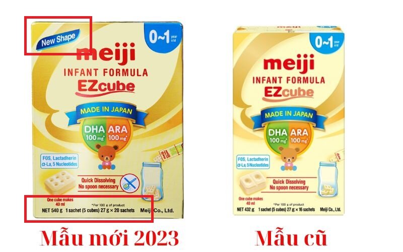 So sánh sữa Meiji 0-1 Infant Formula Ezcube mẫu mới 2023 và cũ